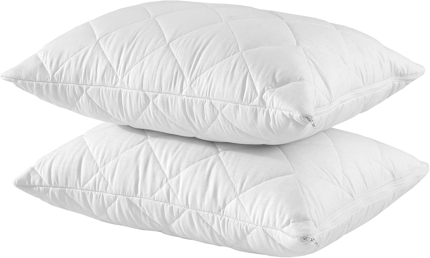 Waterproof Quilted Pillow Protectors Standard Ultra Soft Thick Pair 20x26 Inches Brushed Ultra Plush White Zippered Set of 2 Size Encasement