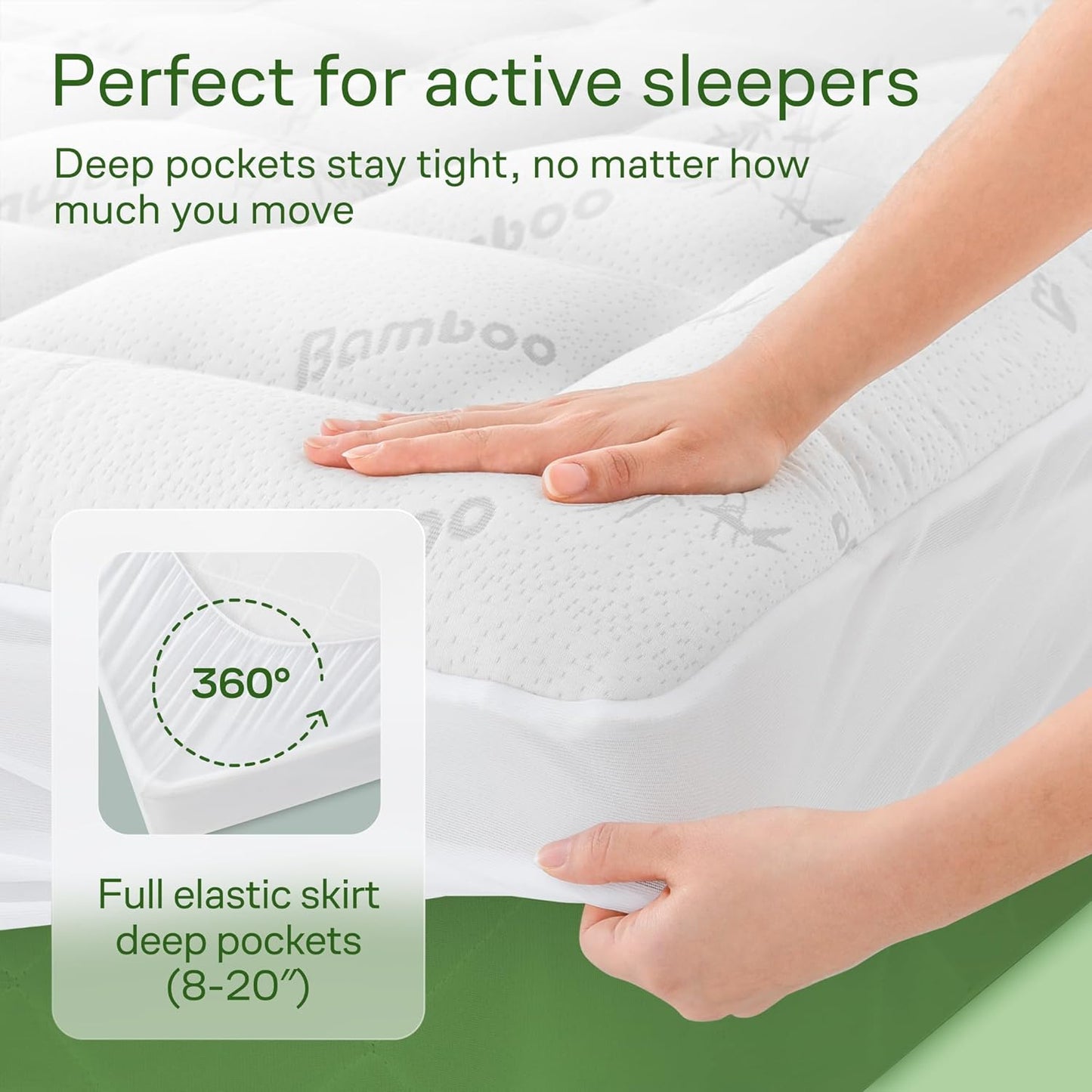 Ultra Soft Queen RV Size Mattress Topper - Viscose Made from Bamboo Pillow Top Mattress Pad for Back Pain Relief - Naturally Cooling for Hot Sleepers, Green