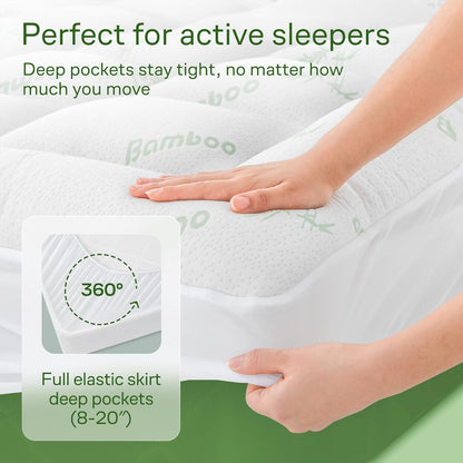 Ultra Soft Queen Size Mattress Topper - Viscose Made from Bamboo Pillow Top Mattress Pad for Back Pain Relief - Naturally Cooling for Hot Sleepers, White