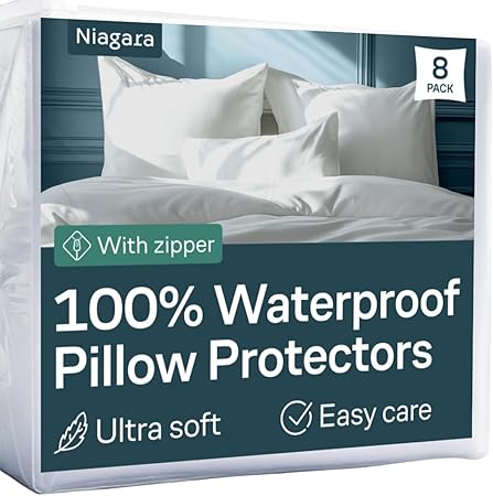 Niagara 4 Pack Waterproof Pillow Protectors King 20x36 Inches Smooth Zipper Premium Encasement Covers Quiet Cases Set White