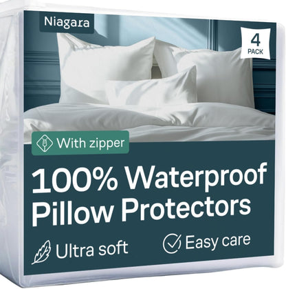 Niagara 4 Pack Waterproof Pillow Protectors Standard 20x26 Inches Smooth Zipper Premium Encasement Covers Quiet Cases Set White