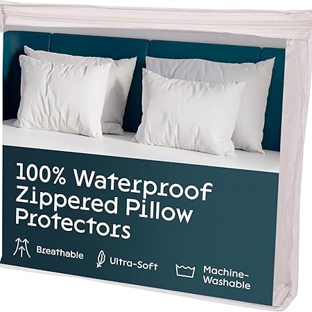 12 Pack Waterproof Pillow Protectors Standard 20x26 Inches Smooth Zipper Premium Encasement Covers Quiet Cases Set White 100% Liquid Protection