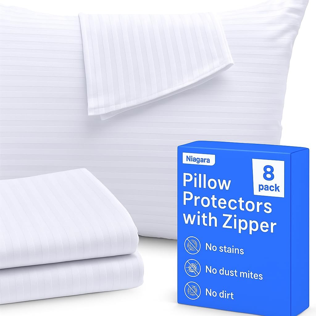 Ultra Soft Pillow Protectors with Zipper Queen Size - Set of 2 Breathable Pillow Covers - 100% Protection Against Stains, Dust & Dirt - Machine Washable (Dark White)