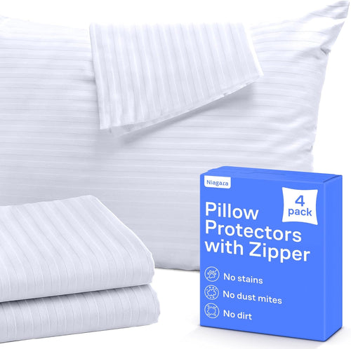 Ultra Soft Pillow Protectors with Zipper Standard Size - Set of 2 Breathable Pillow Covers - 100% Protection Against Stains, Dust & Dirt - Machine Washable (Dark White)