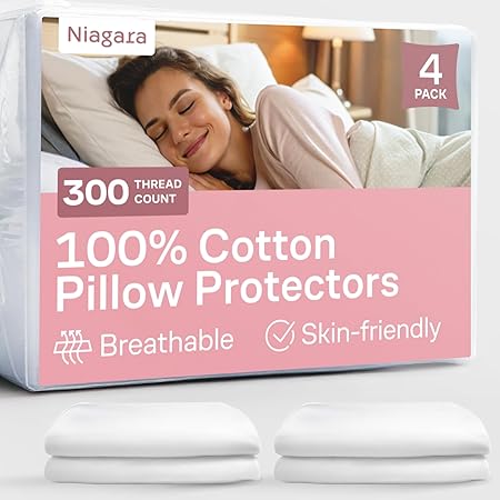 100% Cotton 4-Pack Pillow Protectors with Zipper King Size – 100% Resistant to Stains, Dust & Dirt – Washable Covers for Increased Pillow Lifespan
