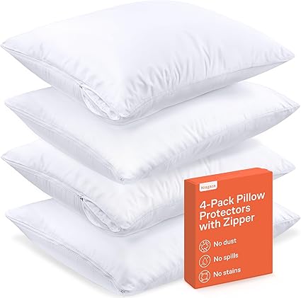 Ultra Soft Pillow Protectors with Zipper Standard Size - Set of 4 Breathable Pillow Covers - 100% Protection Against Stains, Dust & Dirt - Machine Washable (White)