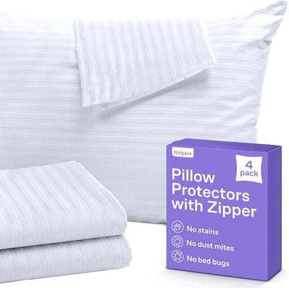 Set of 4 Pillow Protectors with Zipper King Size - 100% Resistant to Stains, Dust & Dirt - Washable Covers for Increased Pillow Lifespan