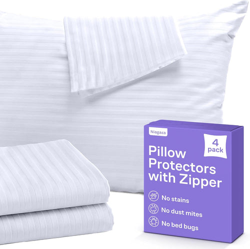 Set of 4 Pillow Protectors with Zipper King Size - 100% Resistant to Stains, Dust & Dirt - Washable Covers for Increased Pillow Lifespan