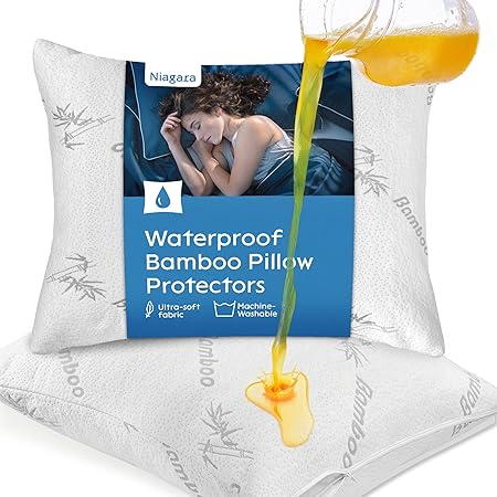 100% Waterproof Pillow Protectors Queen 20x30 Pair Zippered Pillow Case, Pillow Cover, Guaranteed Noiseless Pad, Ultra Plush Absorbent (Viscose Made from Bamboo), White 2 Pack