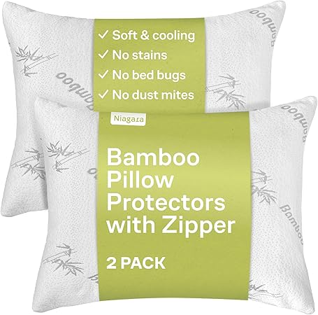 Pillow Protectors With Zipper Queen Size 20x30 Pair Zippered Pillow Case, Cooling, Guaranteed Noiseless Pad, Ultra Plush Absorbent (Viscose Made from Bamboo), White 2 Pack