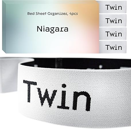Niagara 4 Pack Bed Sheet Organizer and Storage Label Bands - Fully Elastic Stretchable Linen Closet Organizers and Storage - Bed Sheet Organizer Bands for Bed Sheets, Duvets, Quilts, Linen (Twin)